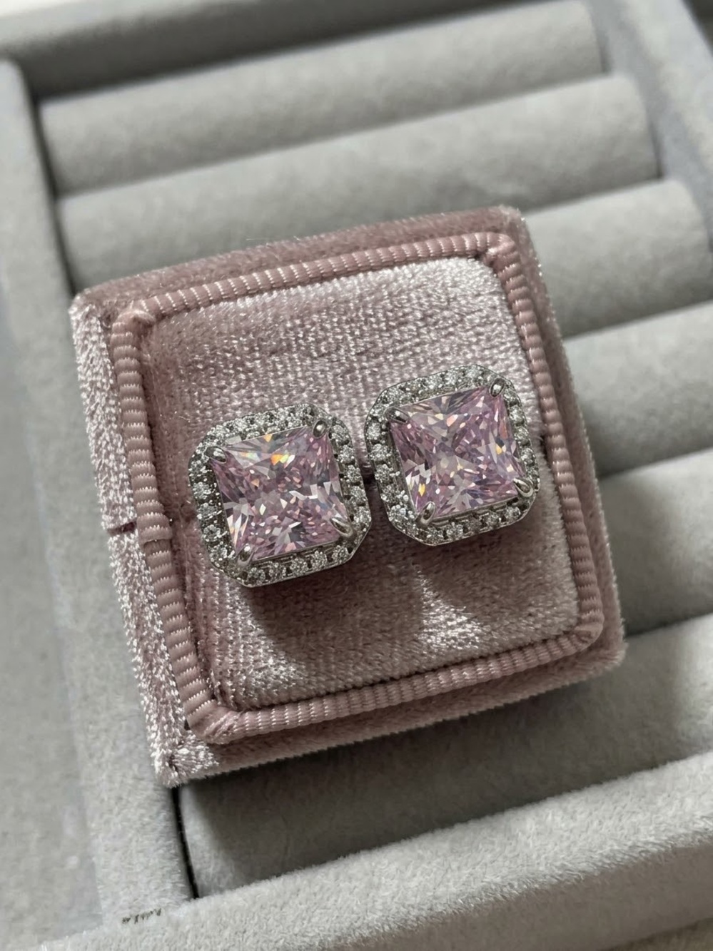 Brand New Elegant 8x8mm Square Pink CZ Halo Studs in S925 Sterling Silver
